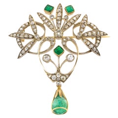 Antique 18 Karat Gold Early 20th Century Emeralds Diamonds Brooch