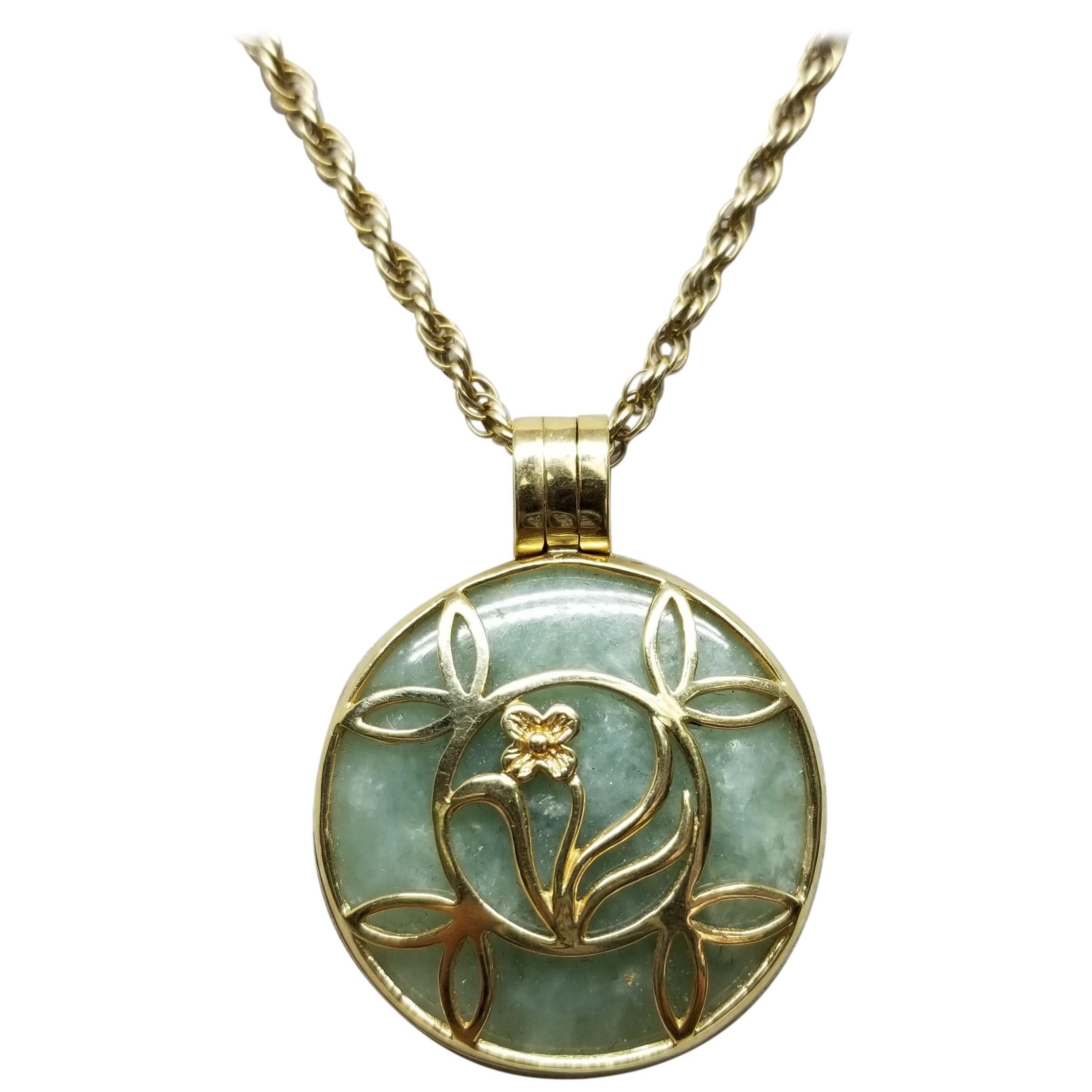 Jade "Medallion" 14 Karat Gold Pendant on Rope Chain
