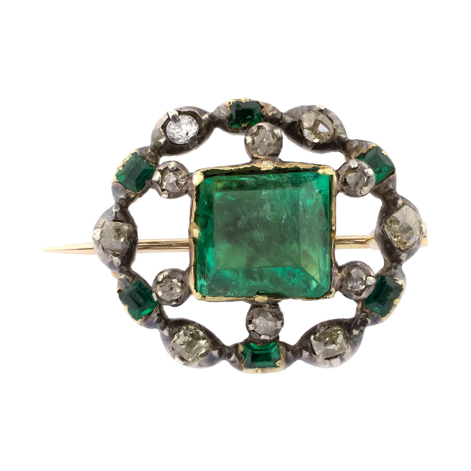 18 Karat Gold Early 19th Century Emeralds Diamonds Brooch For Sale