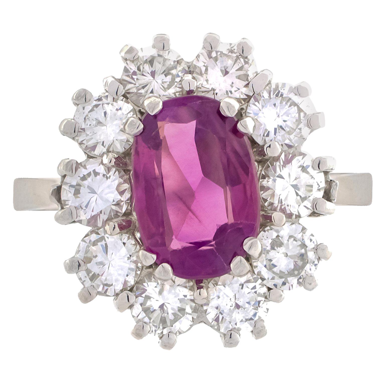 18 Karat White Gold Pink Sapphire Diamonds Cluster Ring For Sale