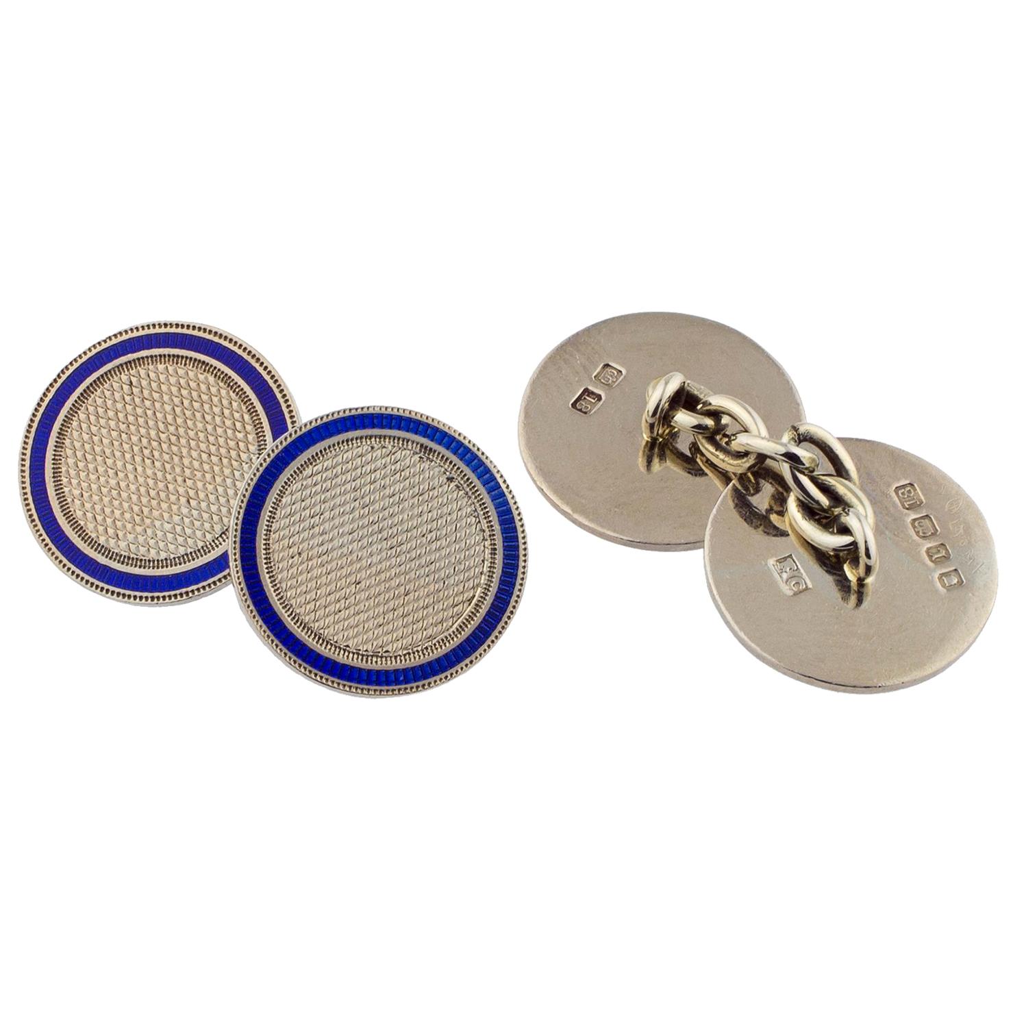1925 English 18 Karat White Gold and Enamel Button Set Cufflinks For Sale