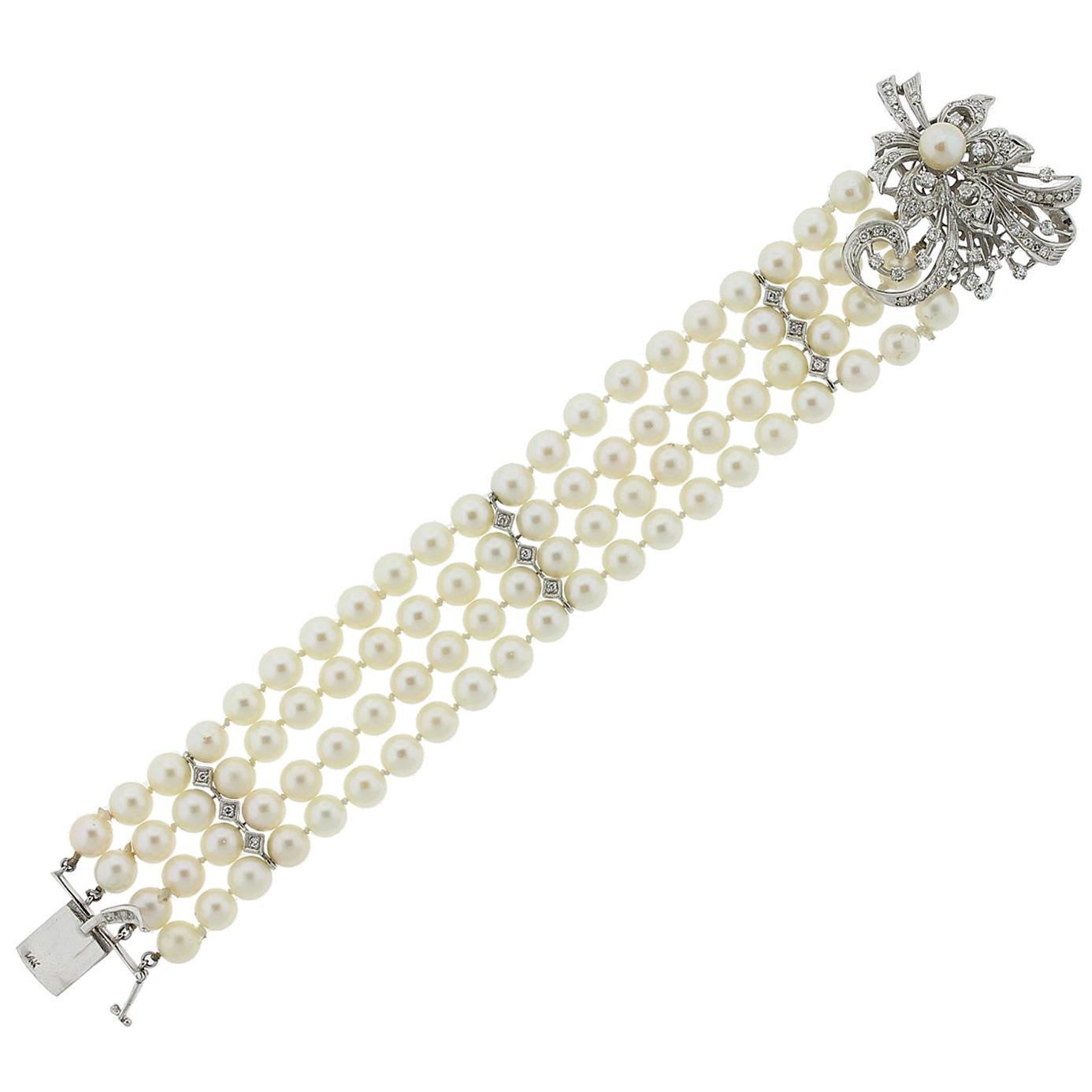 Estate Diamond Pearl Strand Gold Bracelet