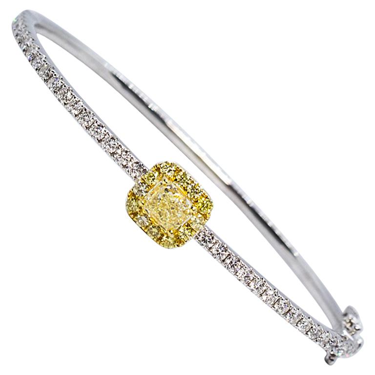 Estate Yellow and White Radiant Cut Diamond Bangle Bracelet For Sale