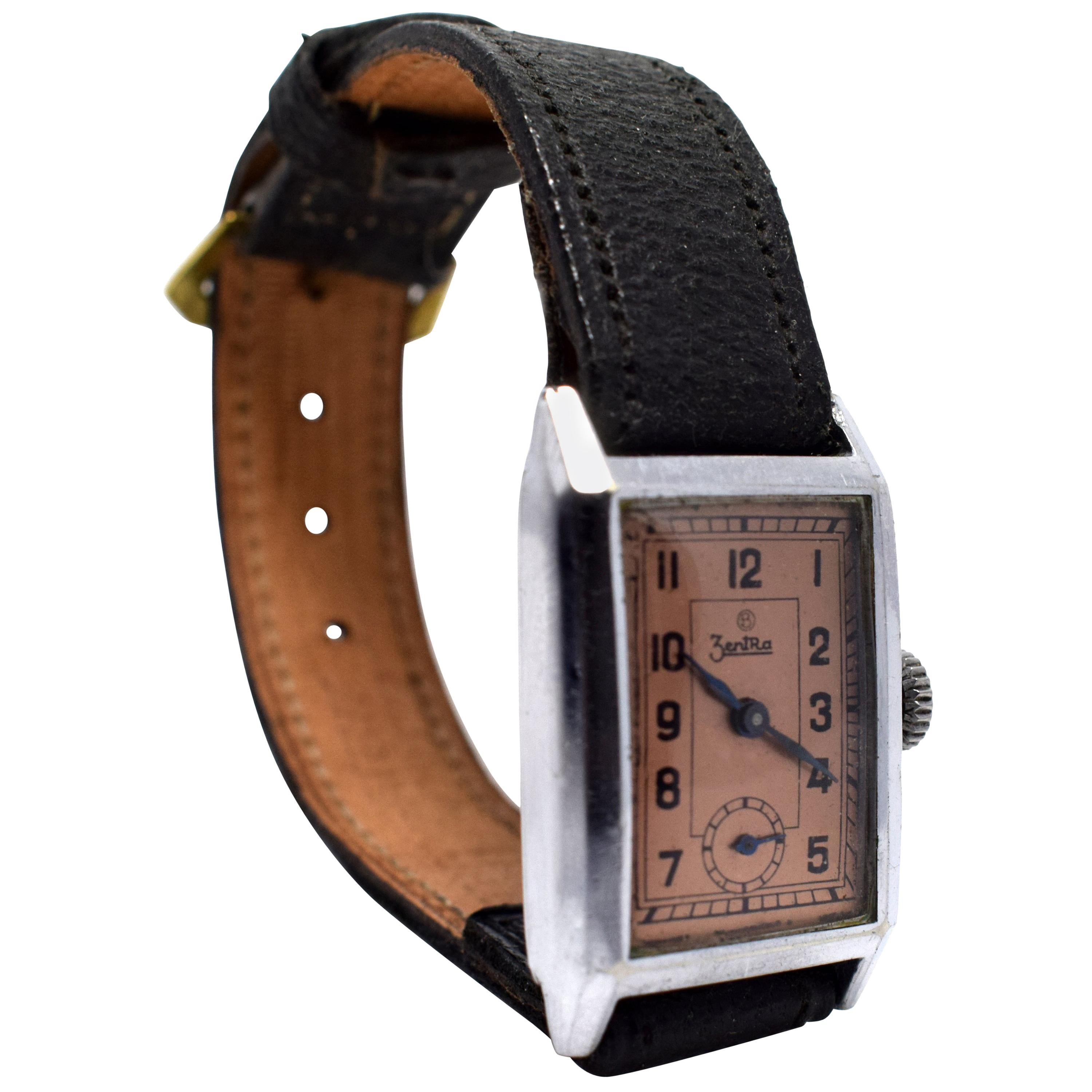 Art Deco Gents Tank Style Wrist Watch, 1930s, Zentra