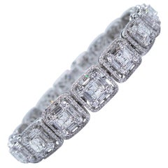 Estate 18 Karat Gold Emerald Cut Round and Baguette Diamond Halo Tennis Bracelet