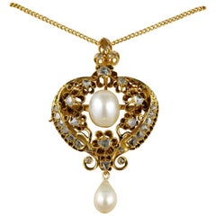 Antique Natural Pearl Rose Cut Diamond Pendant Necklace 18 Karat Solid Gold