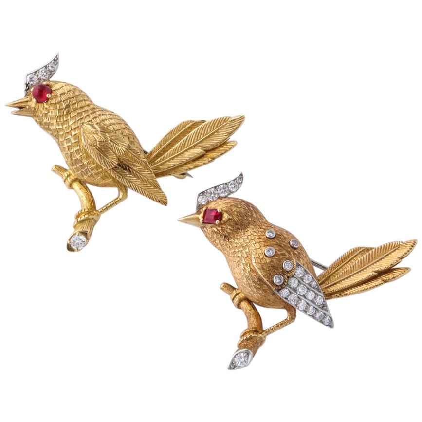 Pair of Cartier Ruby Diamond Bird Brooches