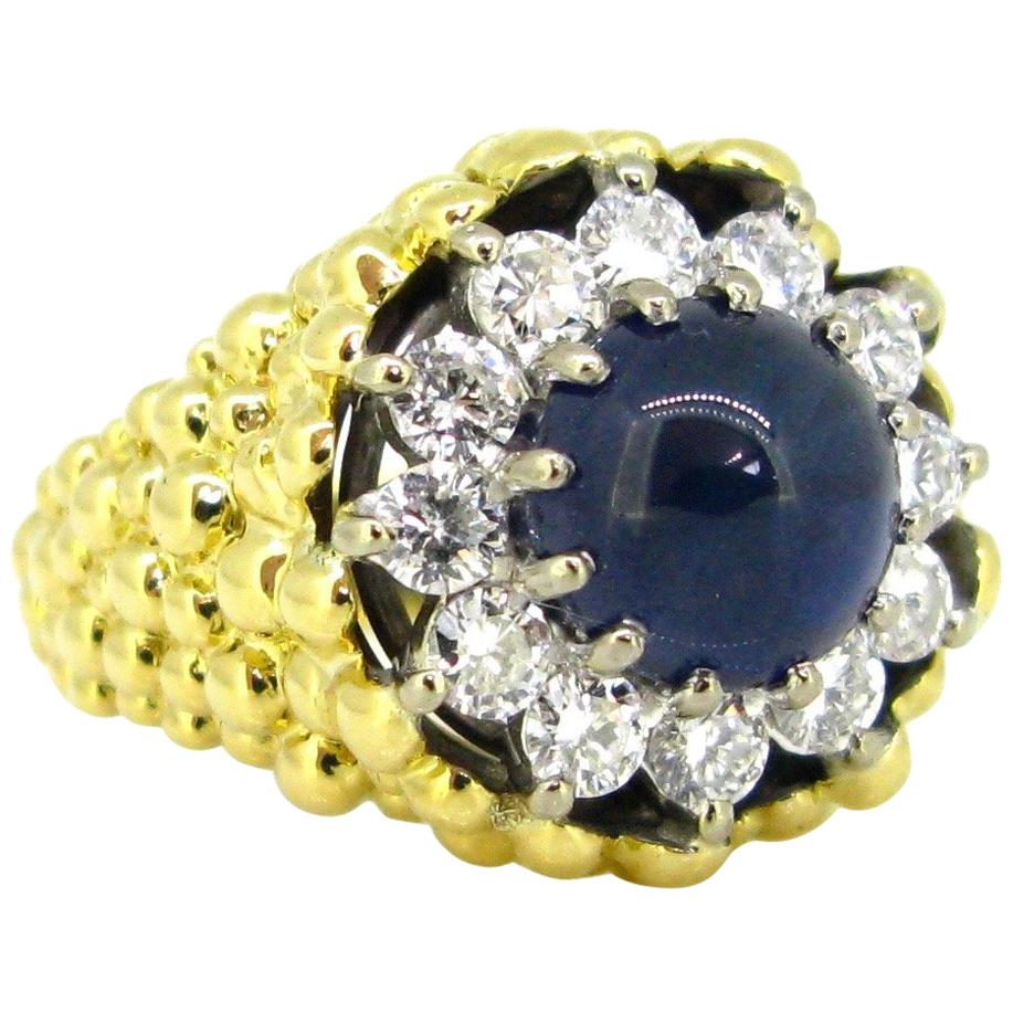Kutchinsky Sapphire Diamond Cluster Yellow Gold 1970s Ring