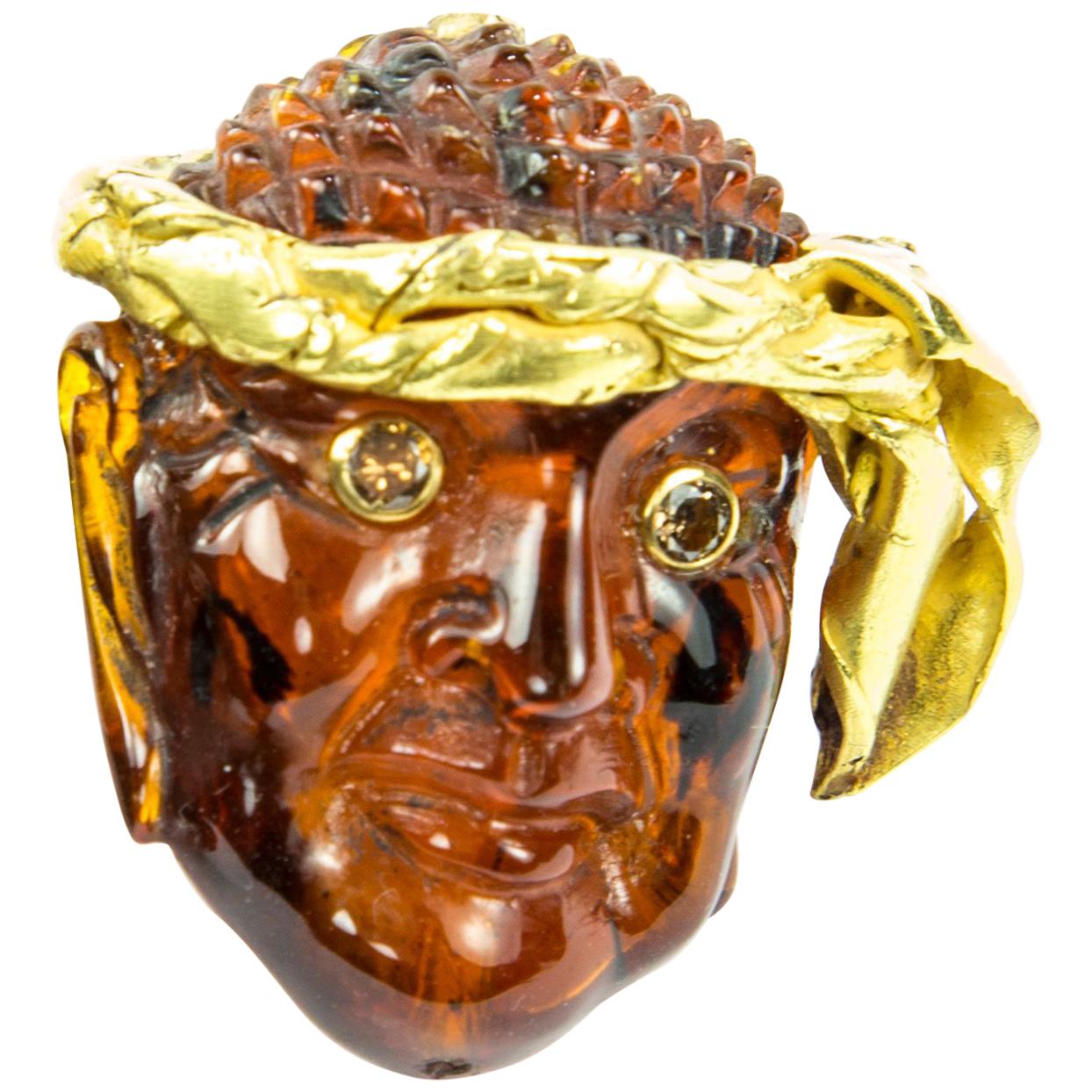 Antique Gemstone Amber Gold Figural Mask Pirate Brooch Pin Estate Fine Jewelry
