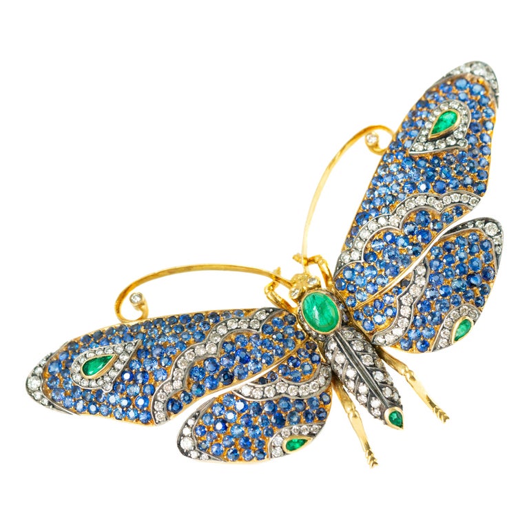 Tiffany & Co. Sapphire, Emerald and Diamond 18 Karat Gold Butterfly Brooch For Sale