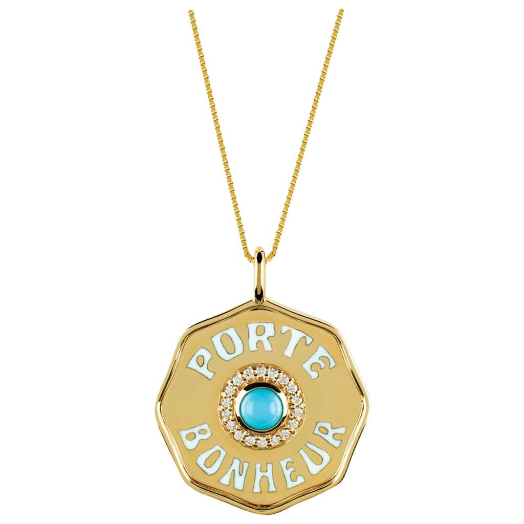 Marlo Laz 14K Gold Turquoise Porte Bonheur Lucky Coin Charm Pendant Necklace For Sale