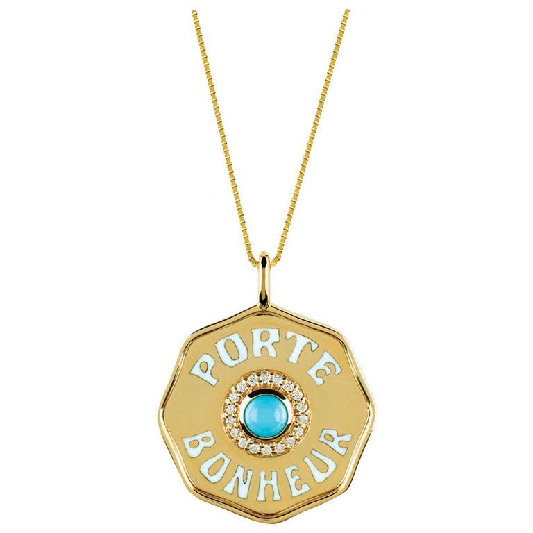 Marlo Laz gold and turquoise Porte Bonheur lucky coin charm pendant necklace, 2019