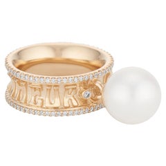 Marlo Laz Memoryring, 14 Karat Gold, weiße Perle, tanzende Perle, Charme, Diamant