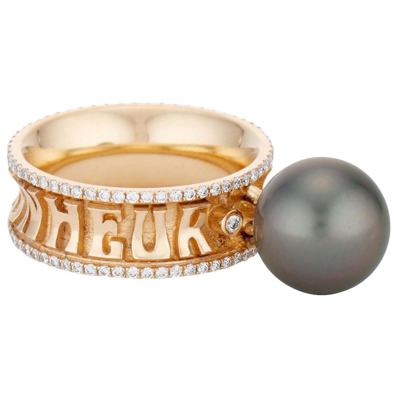 Marlo Laz 14 Karat Gold Memoryring mit tanzendem Tahiti-Perlen-Charm und Diamant