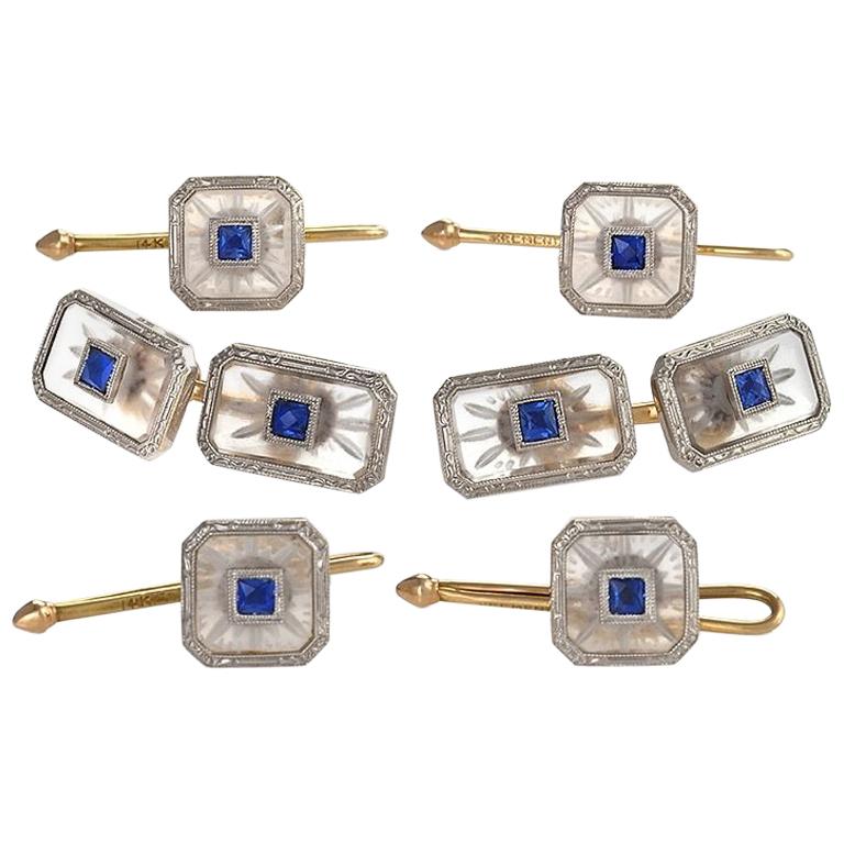 Krementz & Co. Art Deco Sapphire Rock Crystal Platinum and Gold Dress Set