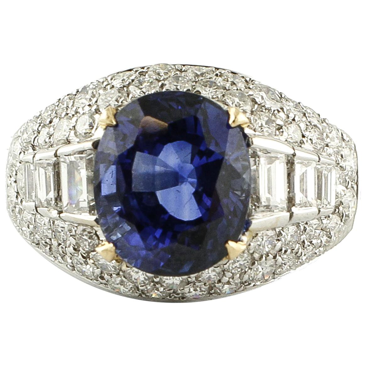 Intense Blue Sapphire, Diamonds, 18 Karat White Gold Cluster Ring