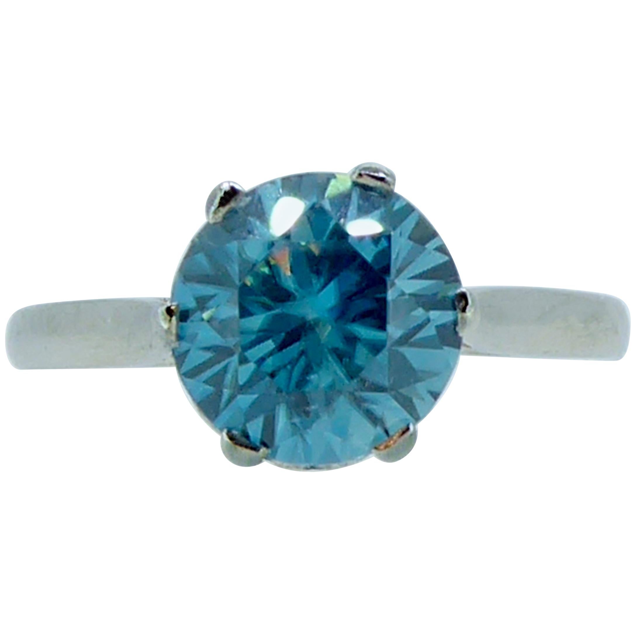 Vintage 2.50 Carat Blue Zircon Solitaire Ring, French Marks, Platinum Band
