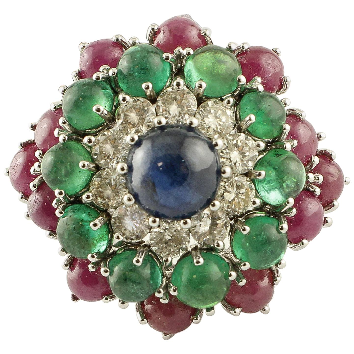 Blue Sapphire, Diamonds, Emeralds, Rubies, 14 Karat White Gold Cluster Ring For Sale