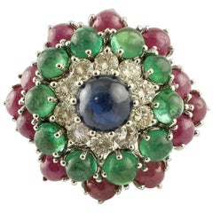 Retro Blue Sapphire, Diamonds, Emeralds, Rubies, 14 Karat White Gold Cluster Ring