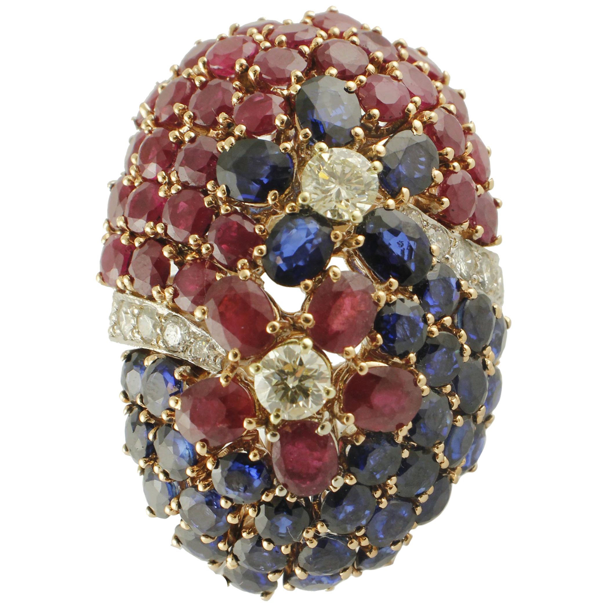 Blue Sapphires, Rubies, Diamonds, White Gold Cluster Ring