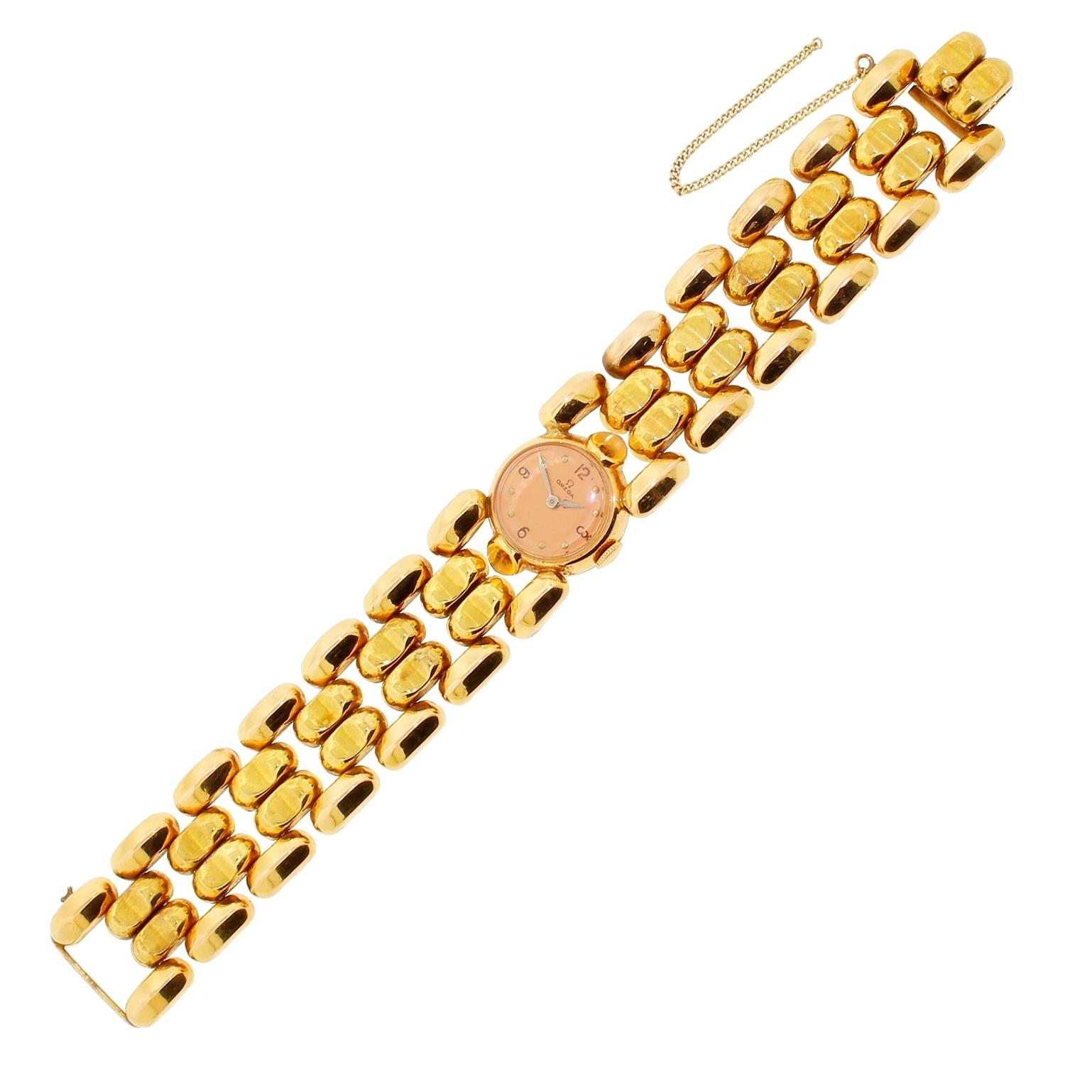 Vintage 1942 Ladies Omega Retro 18 Karat Pink Gold Wristwatch Wide Band 35 Grams