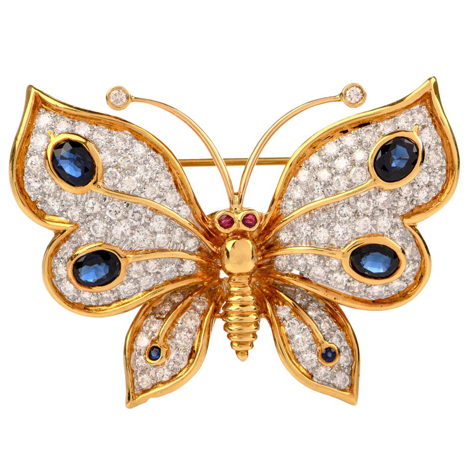 1950s Designer Butterfly Diamond Sapphire 18 Karat Gold Pin Brooch