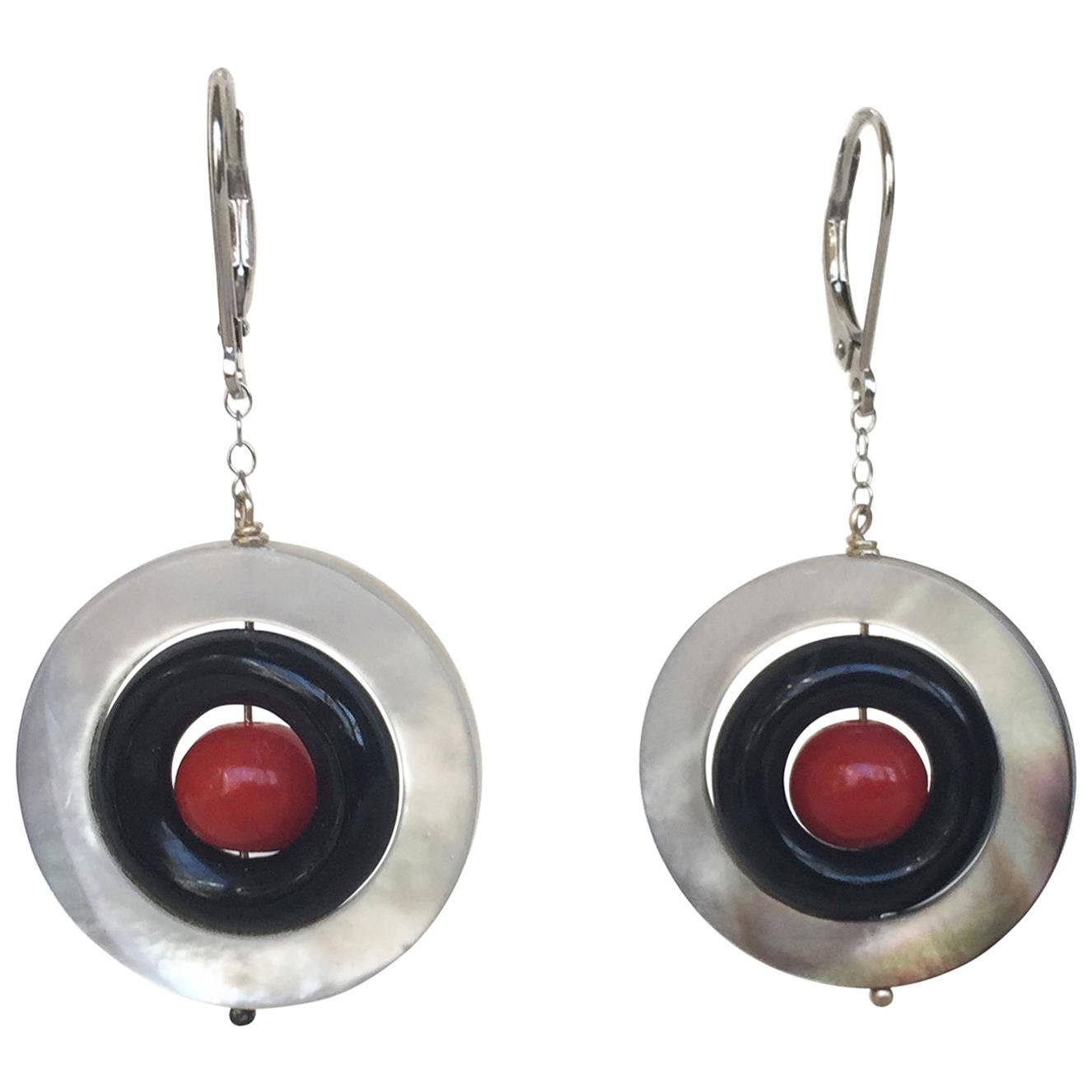 Marina J Mother of Pearl, Onyx and red Coral Earrings with 14 K White Gold For Sale