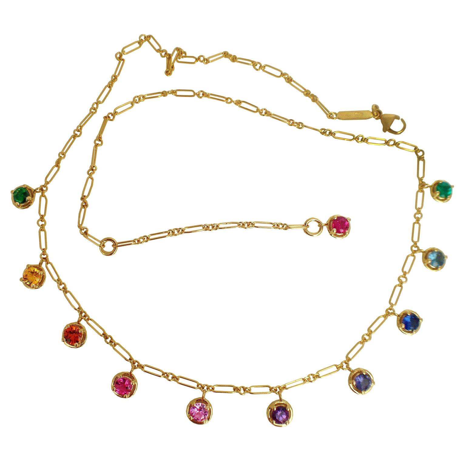 Handgefertigte Halskette aus 18 Karat Gold mit Regenbogen-Aquamarin, Smaragd, Saphir und Edelstein