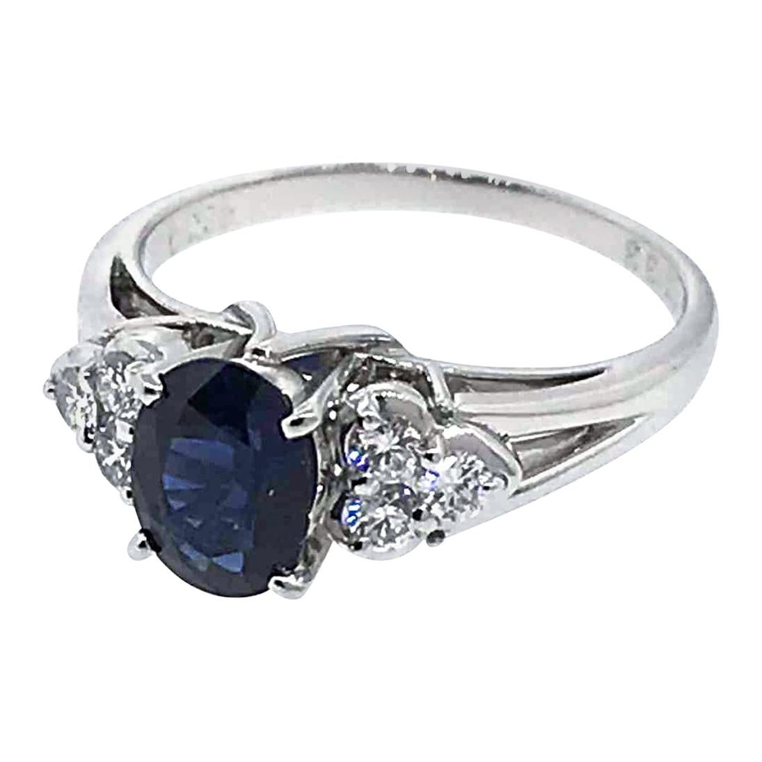 Mikimoto Platinum Diamond and Sapphire Engagement Ring For Sale