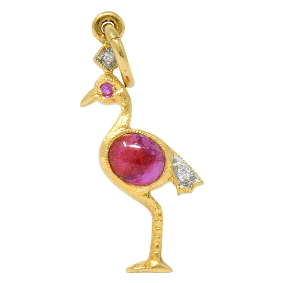 Contemporary 1980s Ruby Diamond 18 Karat Flamingo Gold Charm
