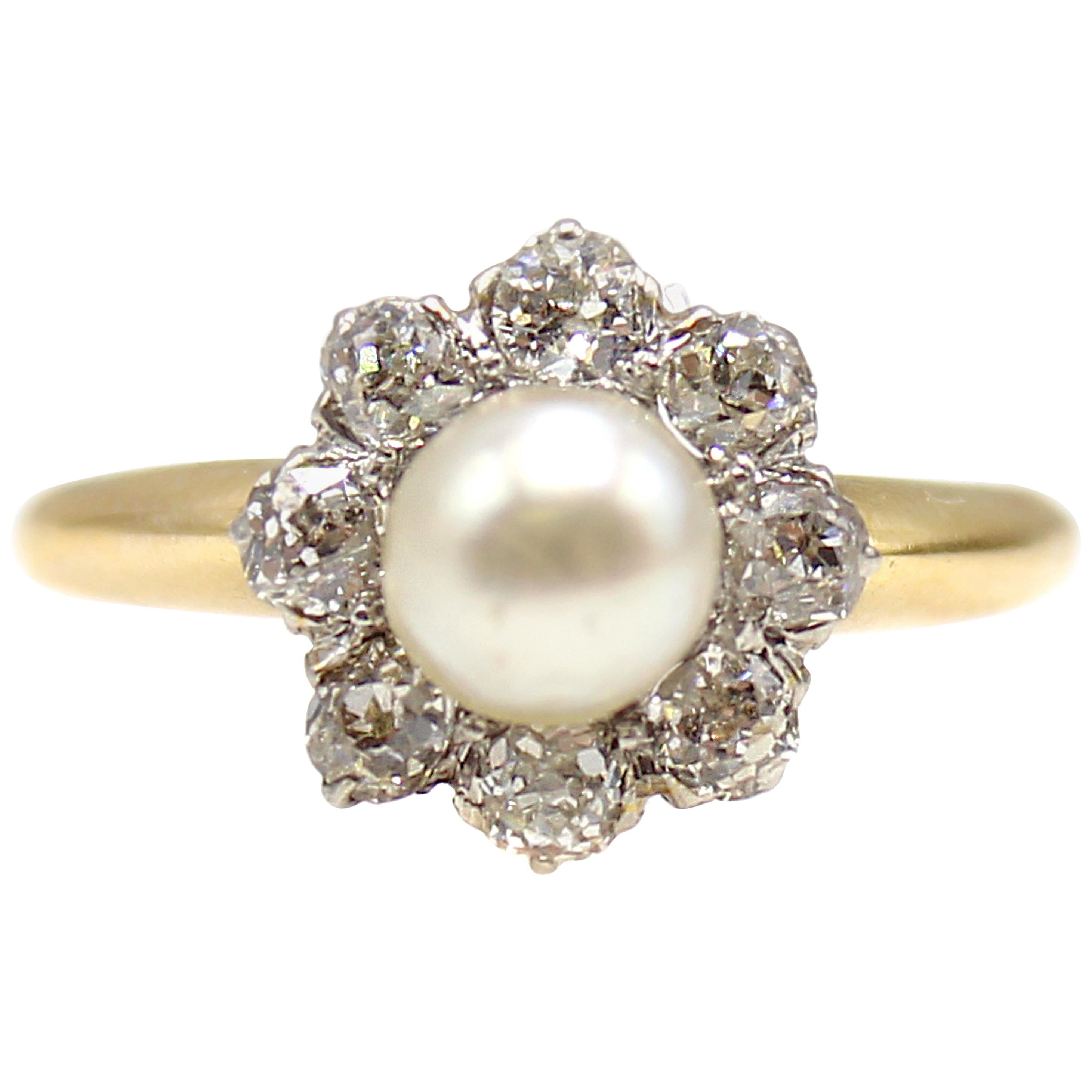 Victorian Old European Cut Diamond Pearl Platinum on Gold Engagement Ring