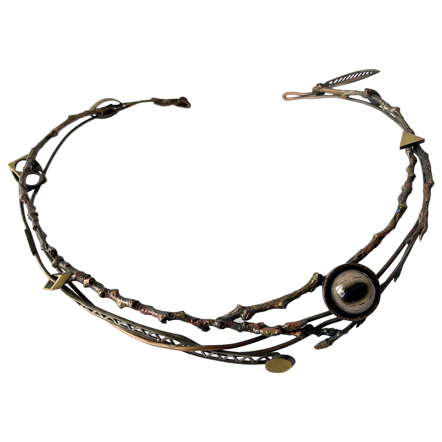 Enid Kaplan Sterling Brass Bronze Glass Eye in the Forest Collar Necklace