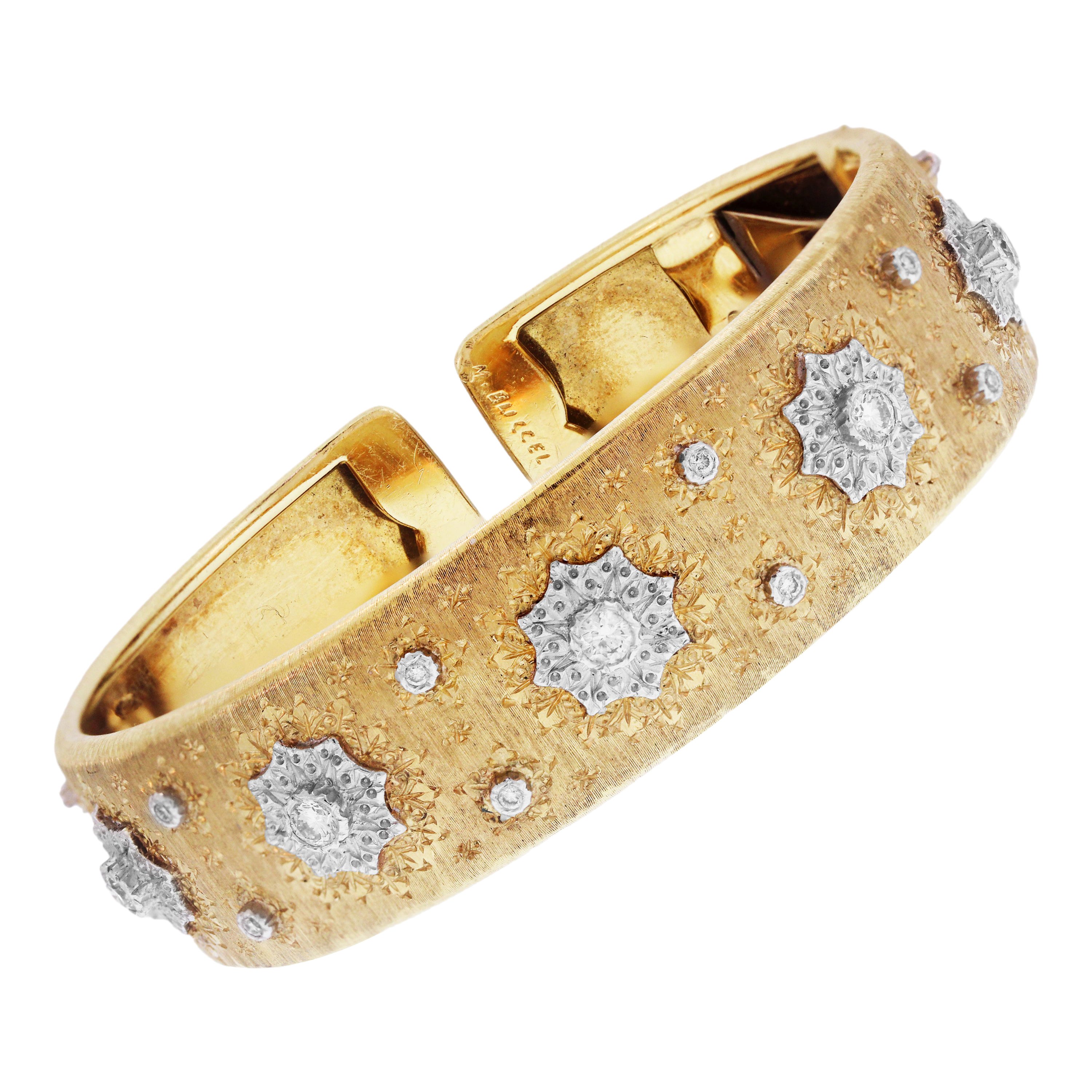 Buccellati Yellow Gold and Rose Cut Diamond Cuff Bracelet with Sapphire