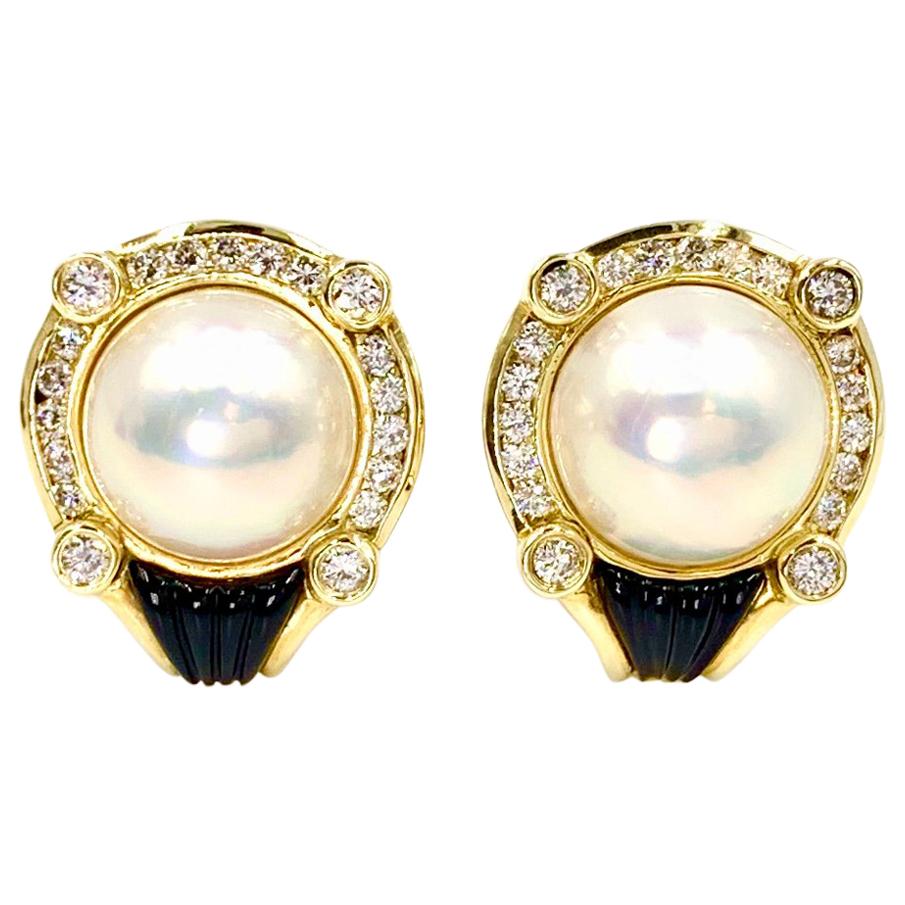 La Triomphe 18 Karat Diamond, Pearl and Onyx Button Earrings
