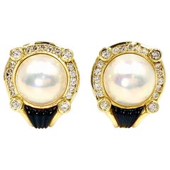 La Triomphe 18 Karat Diamond, Pearl and Onyx Button Earrings