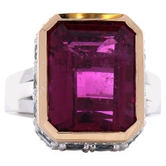 12.22 Carat Emerald Cut Rubelite and Diamond Cocktail Two Tone Ring in 18 Karat