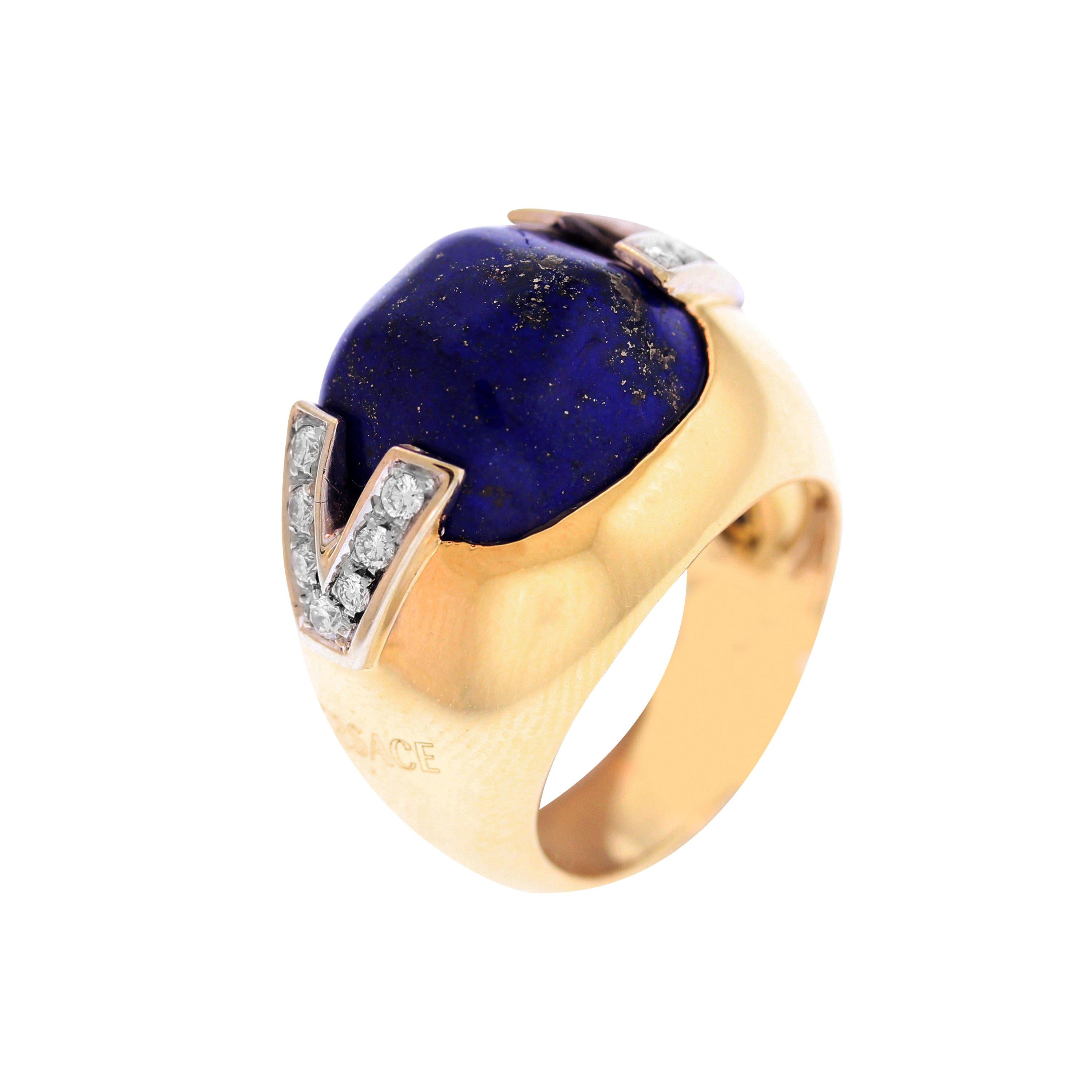 Versace Yellow Gold and Diamond Ring with Lapis Lazuli Center