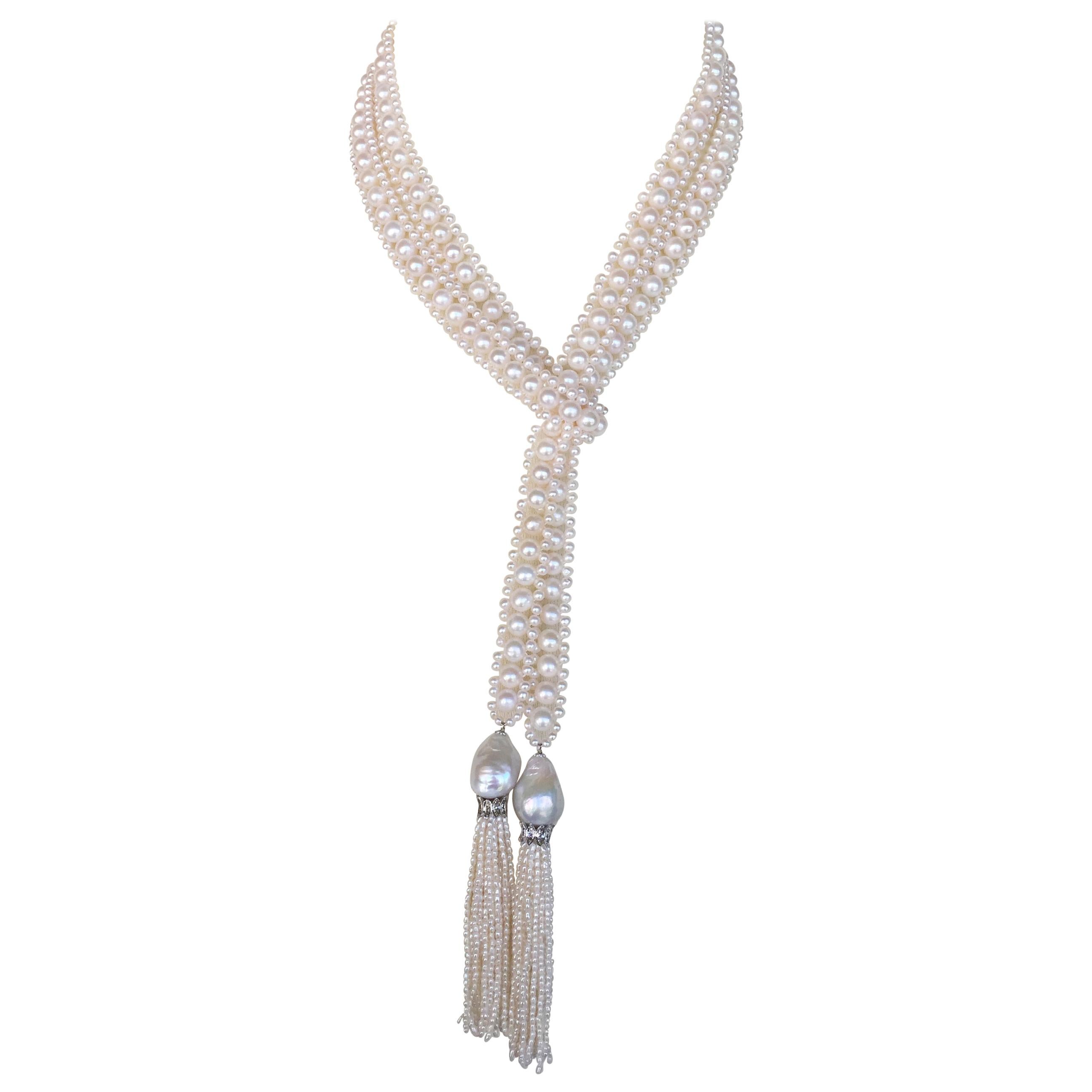 White Pearl Rope Long Sautoir with White Pearl Tassels and Diamond Roundels