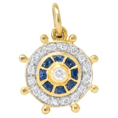 Modern 1980s 0.30 Carat Diamond Sapphire 18 Karat Gold Ship's Wheel Charm