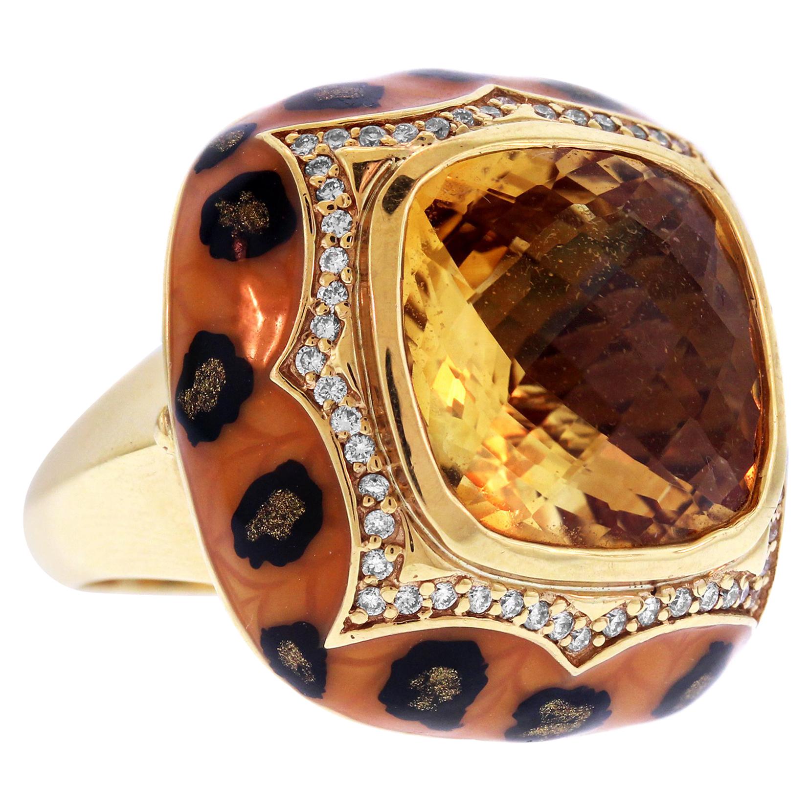 Yellow Gold and Diamond Ring with Citrine Center and Enamel Haggai