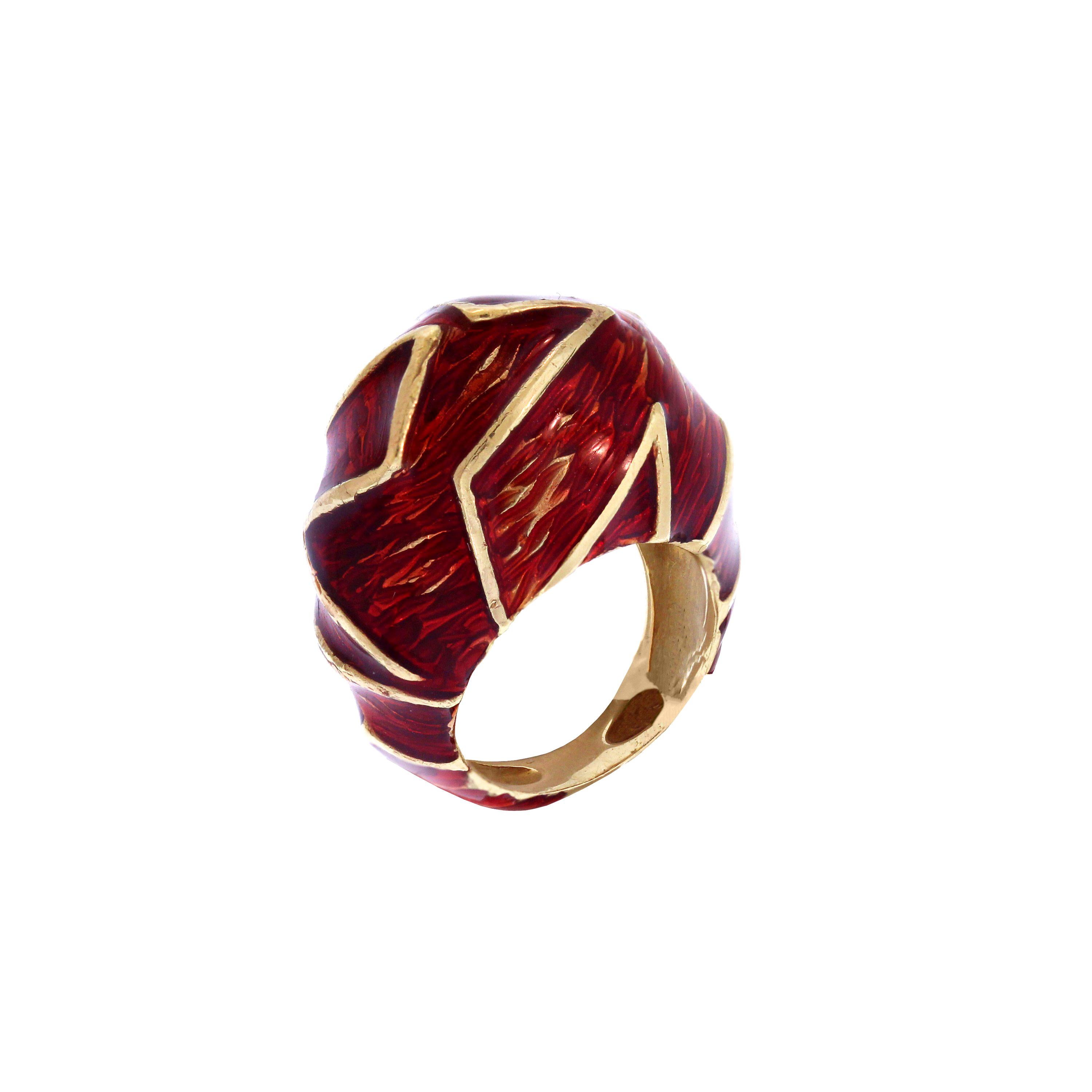 Red Enamel Yellow Gold Cocktail Ring