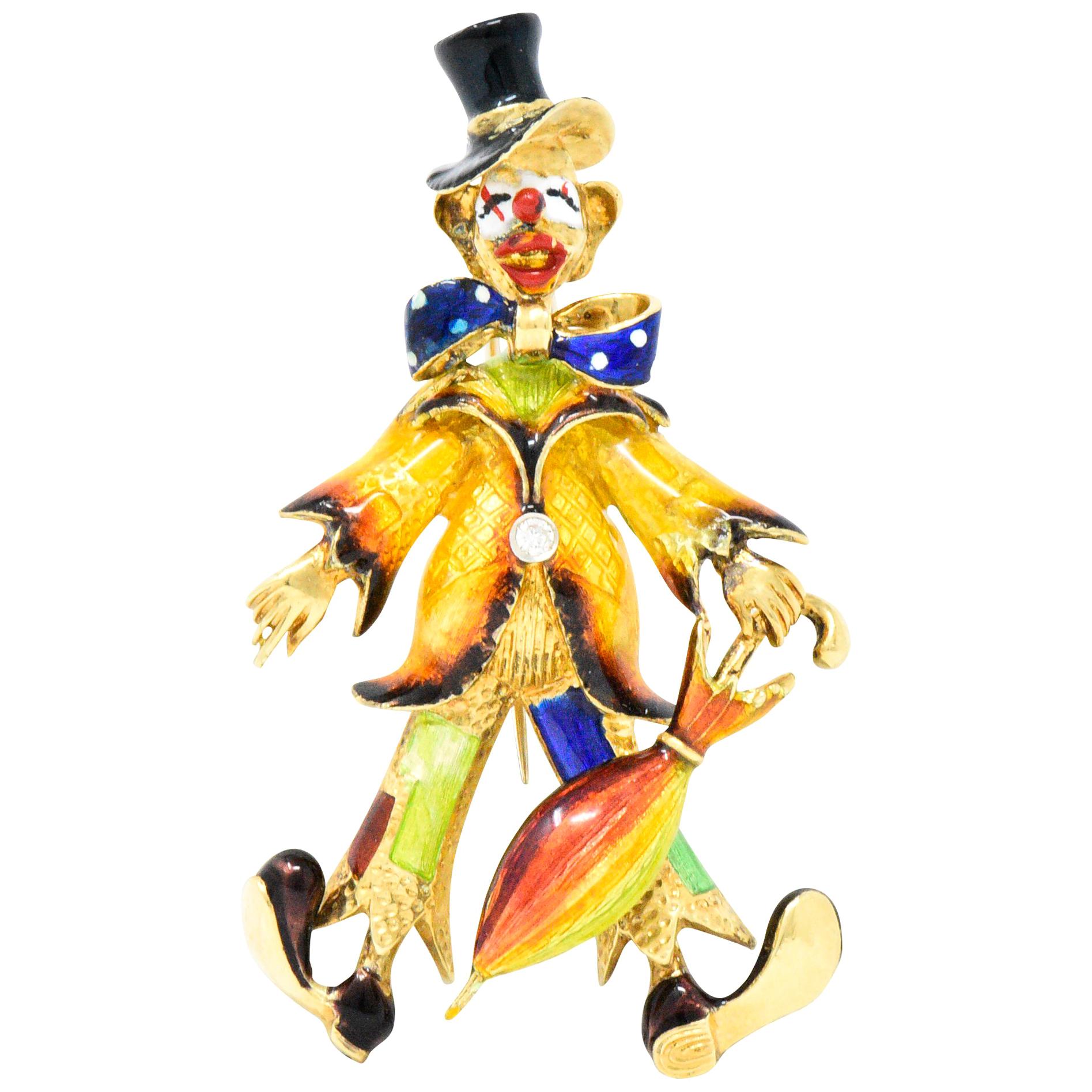 Spitzer & Furman Retro Diamond Enamel 18 Karat Gold Clown Brooch