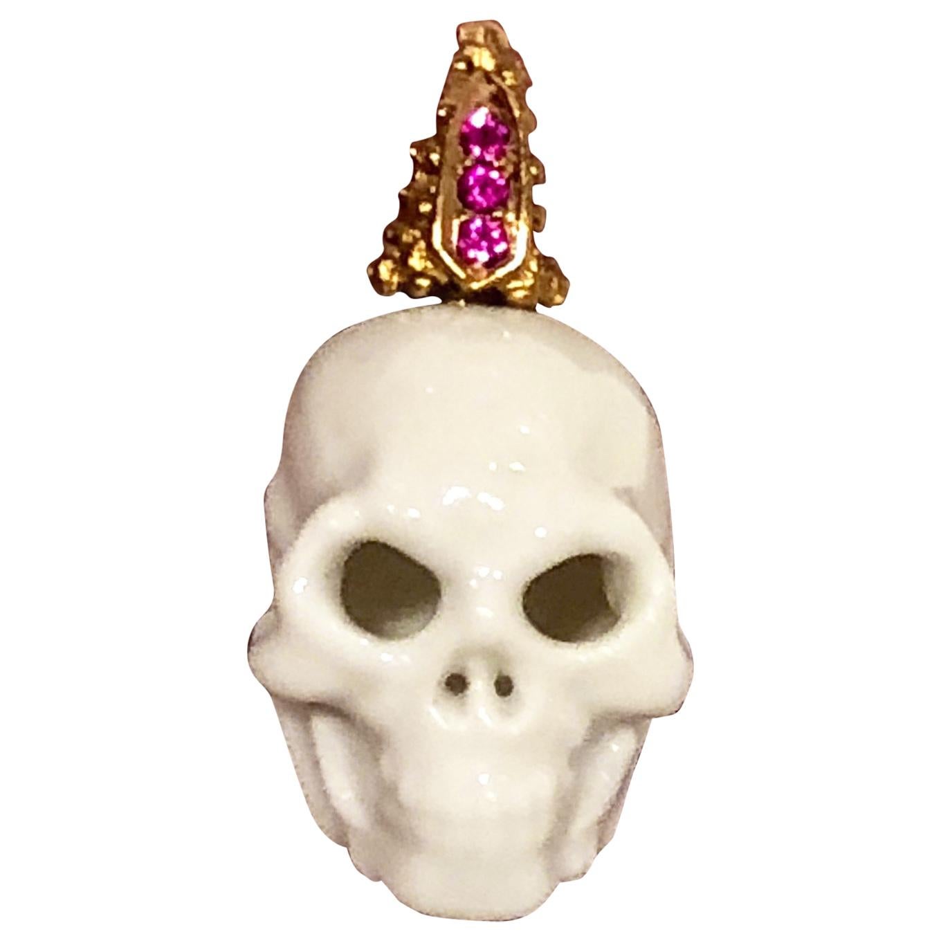 Limited Edition Rosenthal Porcelain Skull Pendant with 18k gold and set Rubies