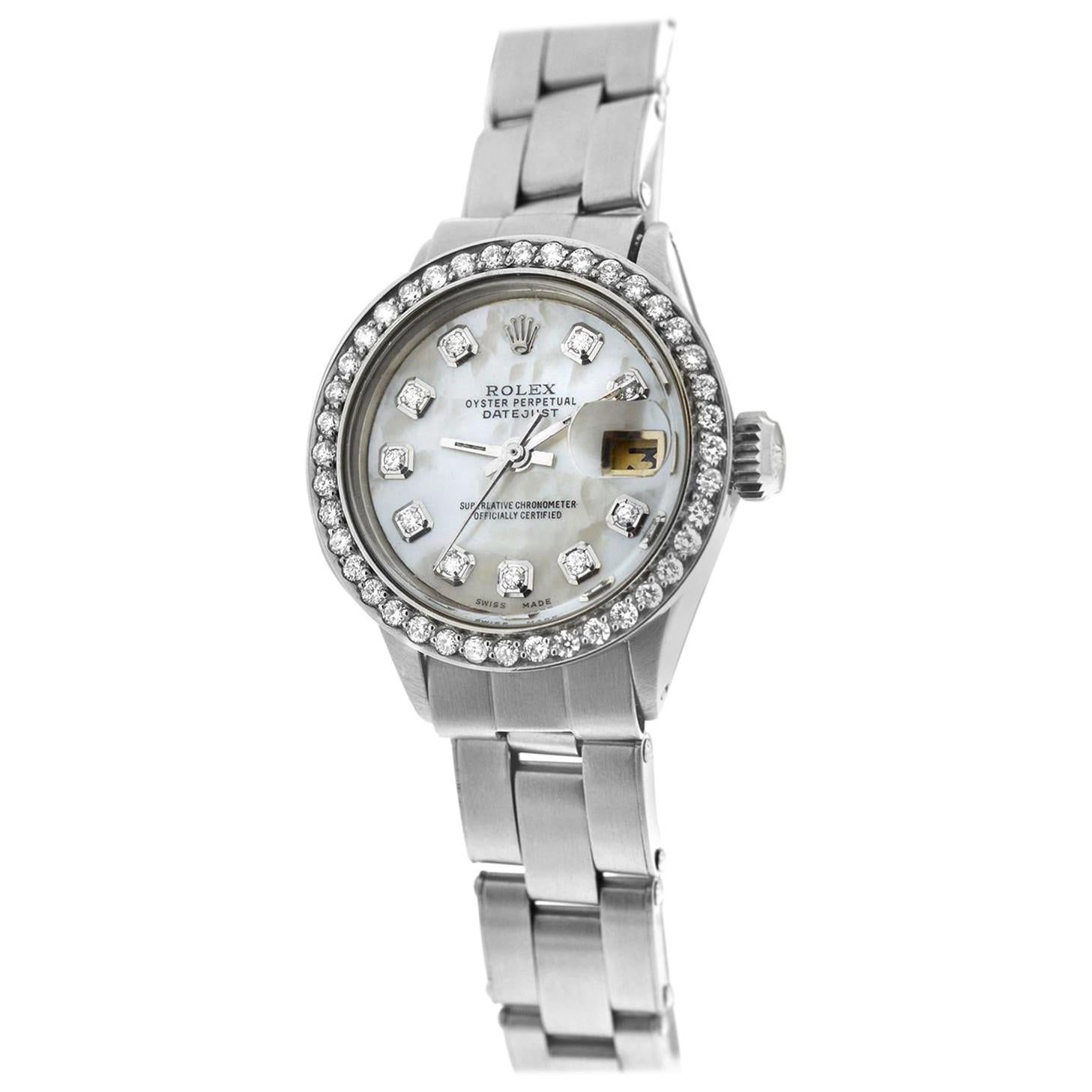 Ladies Rolex Oyster Perpetual Date 6516 Stainless Steel Diamond MOP 26MM Watch For Sale