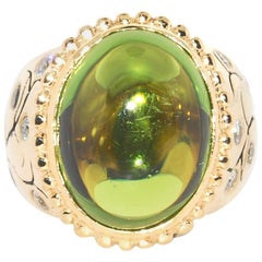 Custom Cabochon Peridot Ring in 14 Karat Yellow Gold and Diamonds