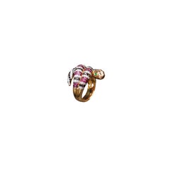 Rosa Van Parys Coral snake with white & black Diamonds, Rubies yellow Gold ring