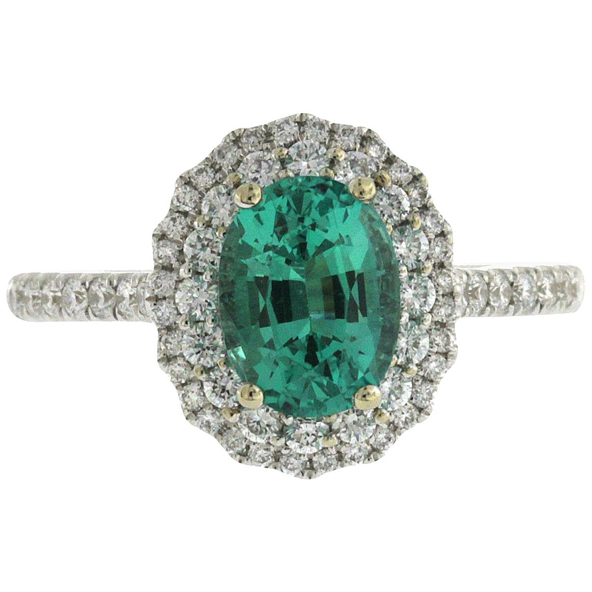 1.28 CT African Emerald & 0.79 CT Diamonds in 18K White Gold Engagement Ring For Sale