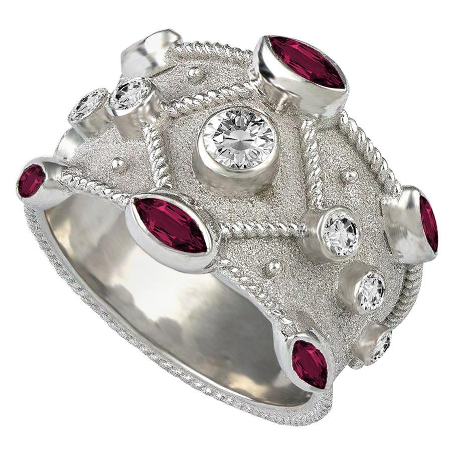 Georgios Collections 18 Karat White Gold Diamond Ruby Granulation Wide Band Ring For Sale