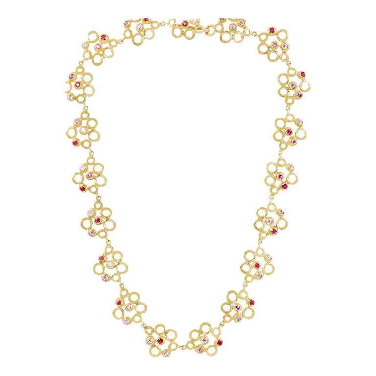 18 Carat Yellow Gold Necklace with Rubies, Pink Sapphires and Diamonds