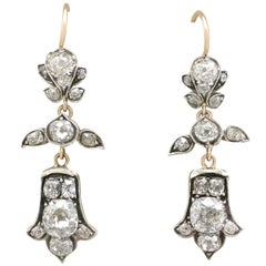 1880s Antique 3.04 Carat Diamond Gold Silver Set Drop Earrings